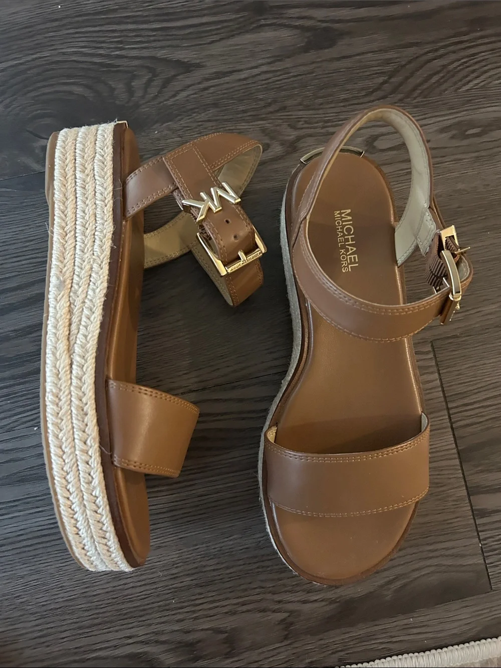 NWOT Michael Kors Luggage Brown Leather Platform Espadrille Sandal